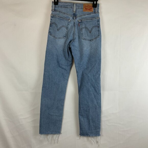 Levi's Wedgie Straight Jeans 25 Medium Blue Wash Distressed Raw Hem - Picture 7 of 12